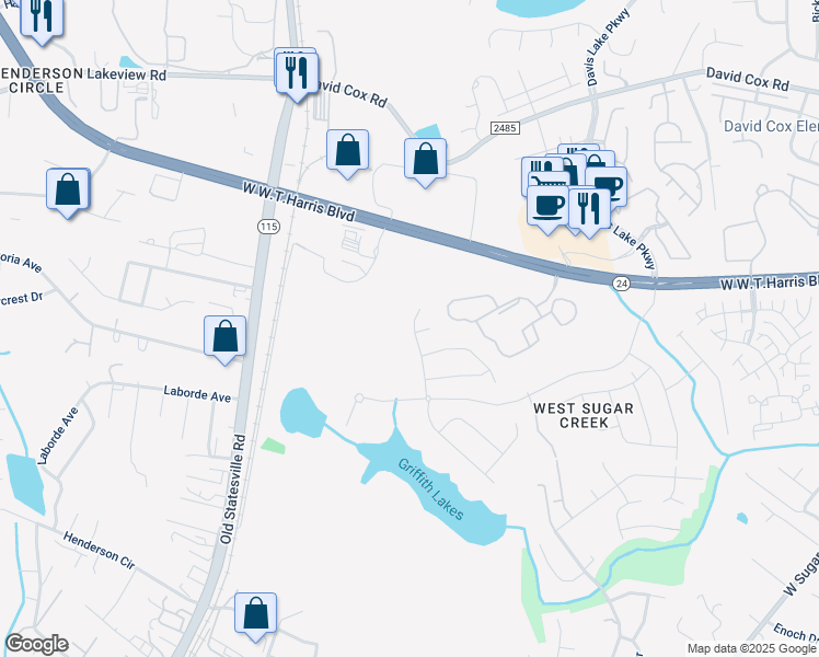 map of restaurants, bars, coffee shops, grocery stores, and more near 5114 Misty Oaks Drive in Charlotte