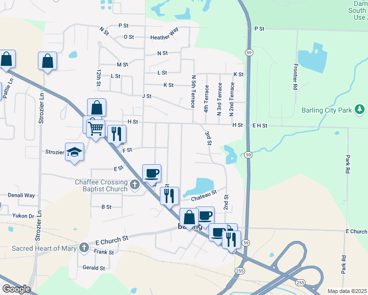 map of restaurants, bars, coffee shops, grocery stores, and more near 800 North 6th Street in Barling