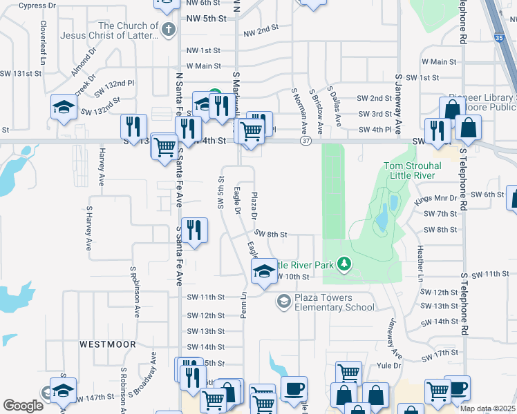 map of restaurants, bars, coffee shops, grocery stores, and more near 804 Plaza Drive in Moore