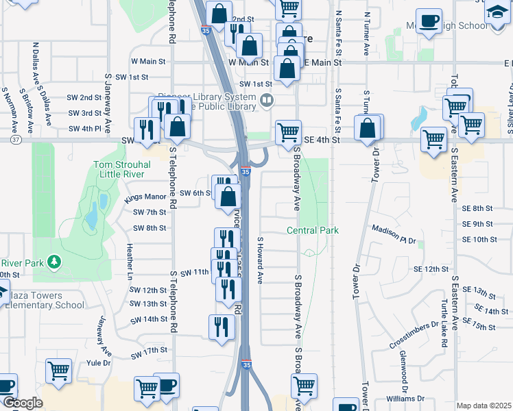 map of restaurants, bars, coffee shops, grocery stores, and more near 721 South Howard Avenue in Moore