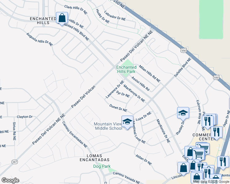 map of restaurants, bars, coffee shops, grocery stores, and more near 7300 Syr Drive Northeast in Rio Rancho
