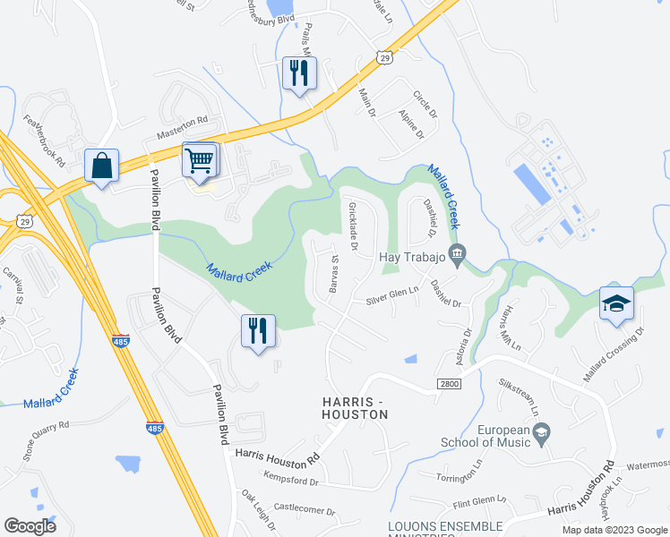 map of restaurants, bars, coffee shops, grocery stores, and more near 10540 Barvas Street in Charlotte