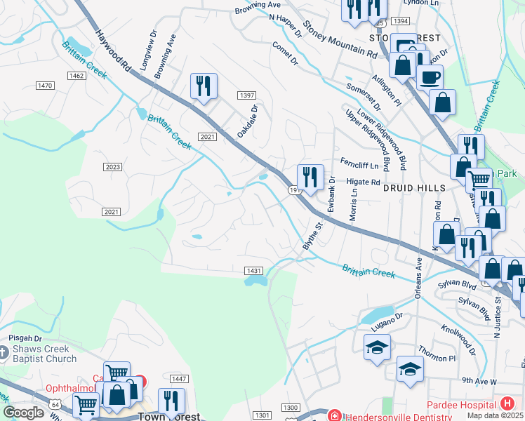 map of restaurants, bars, coffee shops, grocery stores, and more near 4 South Woodridge View Court in Hendersonville