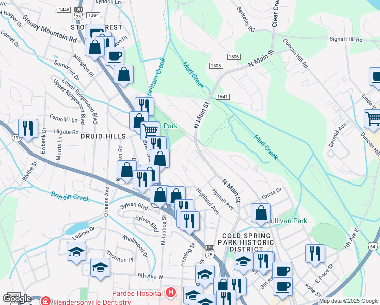 map of restaurants, bars, coffee shops, grocery stores, and more near 66 Eastbury Drive in Hendersonville