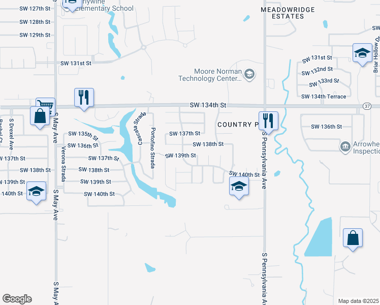 map of restaurants, bars, coffee shops, grocery stores, and more near 2313 Southwest 139th Street in Oklahoma City
