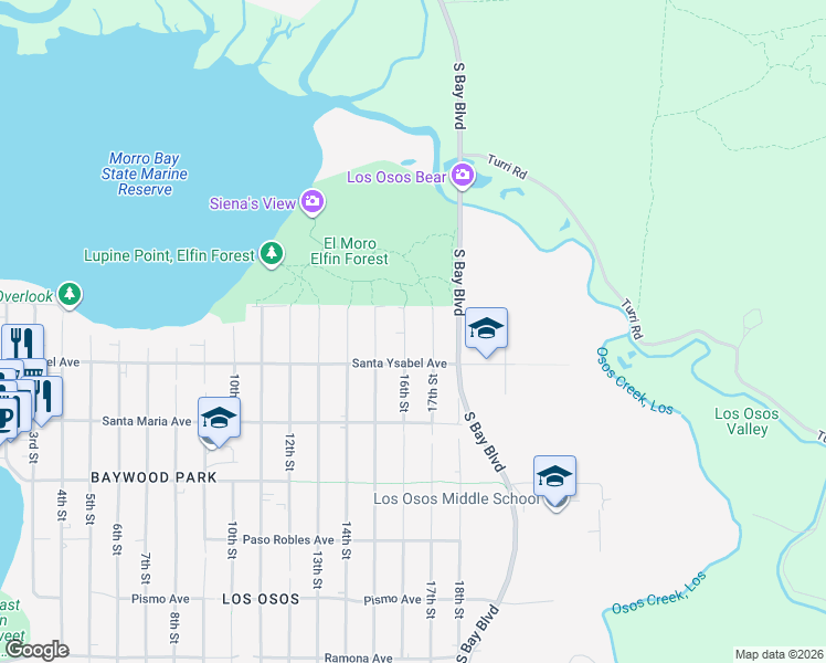 map of restaurants, bars, coffee shops, grocery stores, and more near 1144 16th Street in Baywood-Los Osos