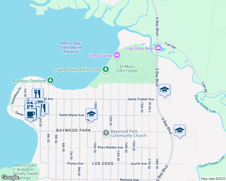 map of restaurants, bars, coffee shops, grocery stores, and more near 1140 12th Street in Baywood-Los Osos
