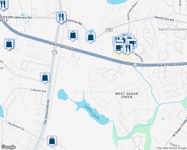 map of restaurants, bars, coffee shops, grocery stores, and more near 5109 Misty Oaks Drive in Charlotte