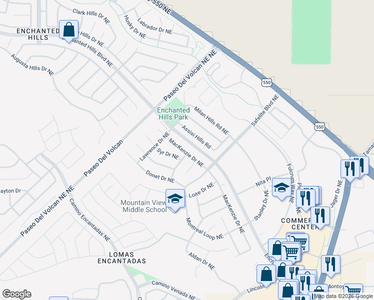 map of restaurants, bars, coffee shops, grocery stores, and more near 7329 Mackenzie Drive Northeast in Rio Rancho
