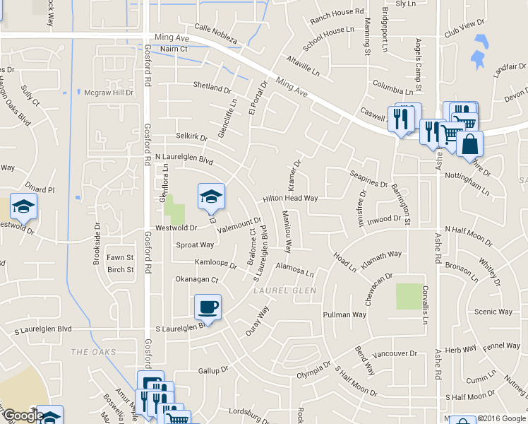 map of restaurants, bars, coffee shops, grocery stores, and more near 7400C North Laurelglen Boulevard in Bakersfield