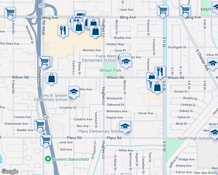 map of restaurants, bars, coffee shops, grocery stores, and more near 2405 Sherwood Avenue in Bakersfield