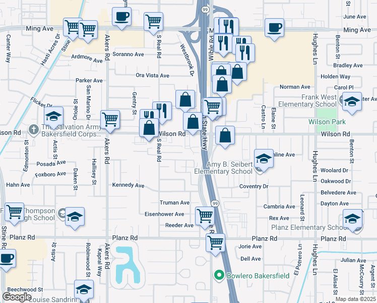map of restaurants, bars, coffee shops, grocery stores, and more near 3505 Sampson Court in Bakersfield