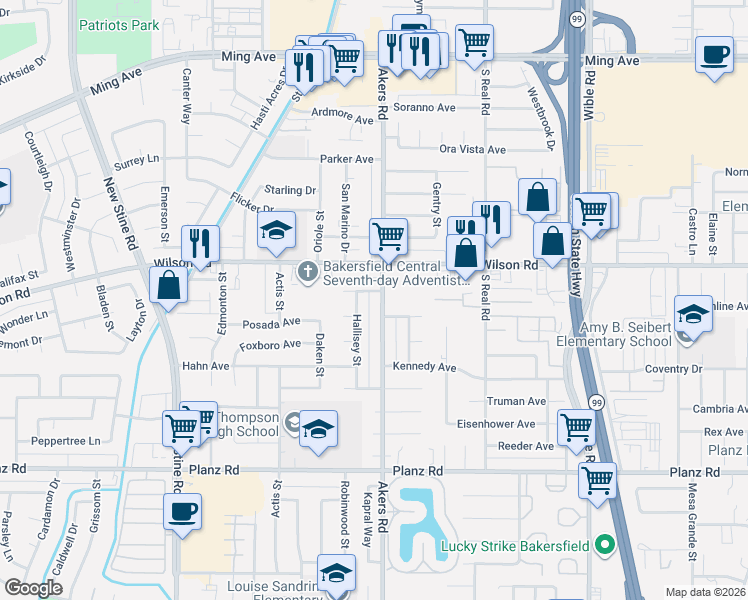 map of restaurants, bars, coffee shops, grocery stores, and more near 3801 Wilson Road in Bakersfield