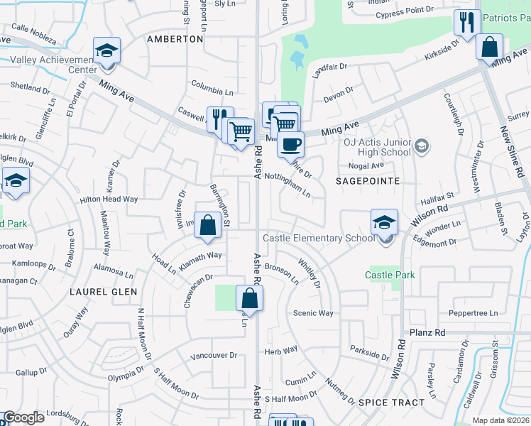 map of restaurants, bars, coffee shops, grocery stores, and more near 2608 Ashe Road in Bakersfield