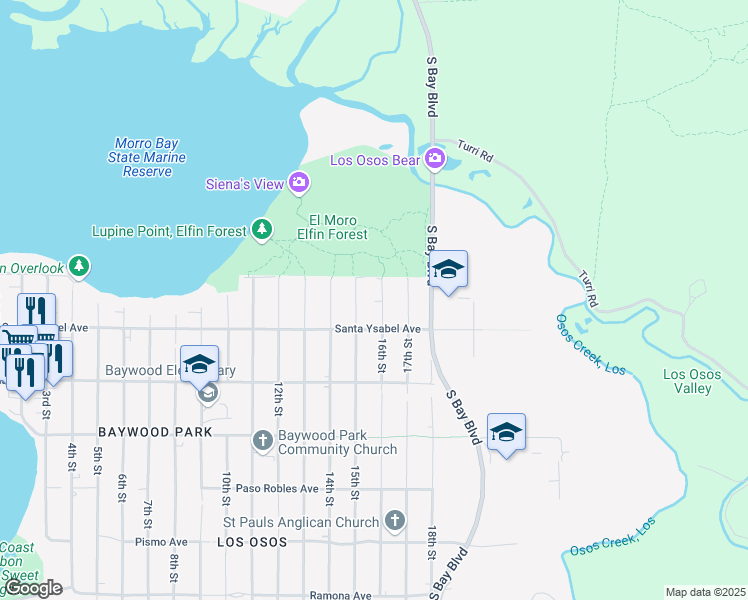 map of restaurants, bars, coffee shops, grocery stores, and more near 1153 15th Street in Baywood-Los Osos