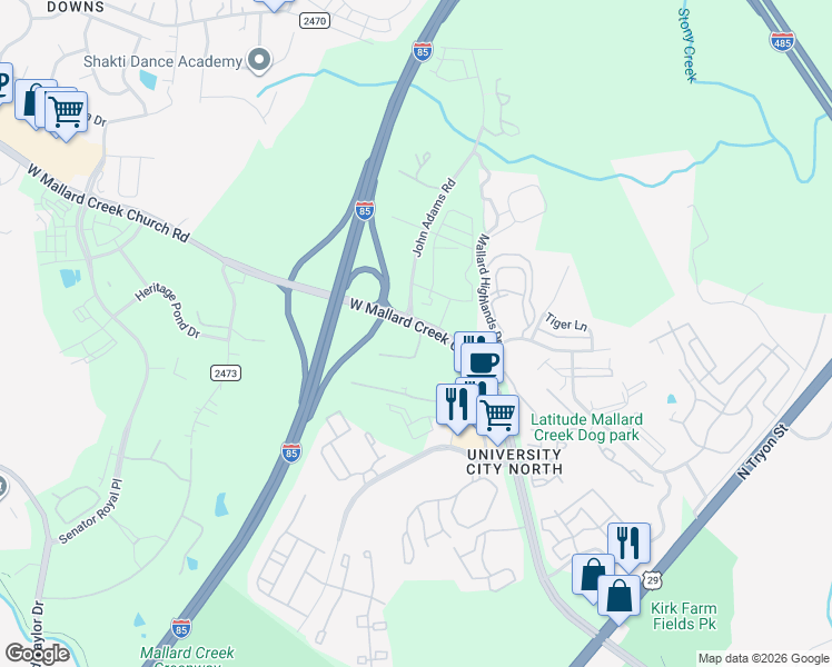 map of restaurants, bars, coffee shops, grocery stores, and more near 911 West Mallard Creek Church Road in Charlotte