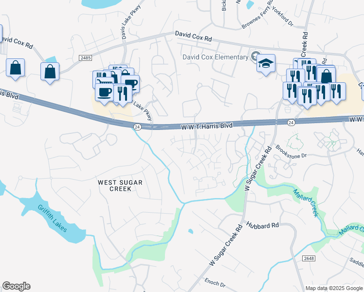 map of restaurants, bars, coffee shops, grocery stores, and more near 4585 Antelope Lane in Charlotte