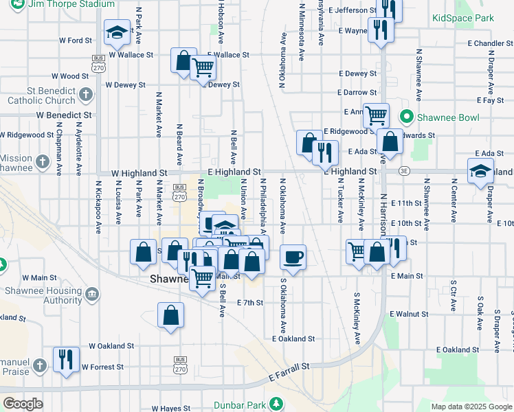 map of restaurants, bars, coffee shops, grocery stores, and more near 321 North Philadelphia Avenue in Shawnee