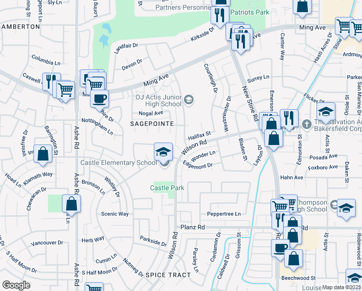 map of restaurants, bars, coffee shops, grocery stores, and more near 2625 Westholme Boulevard in Bakersfield