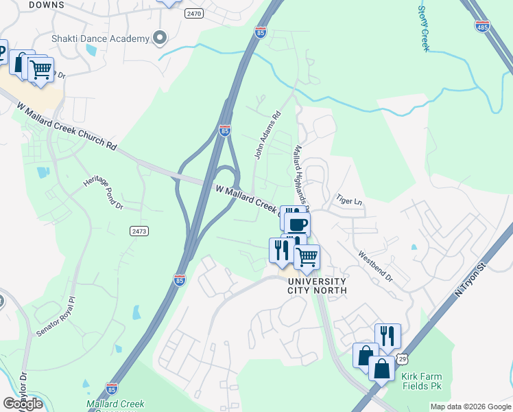 map of restaurants, bars, coffee shops, grocery stores, and more near 911 West Mallard Creek Church Road in Charlotte