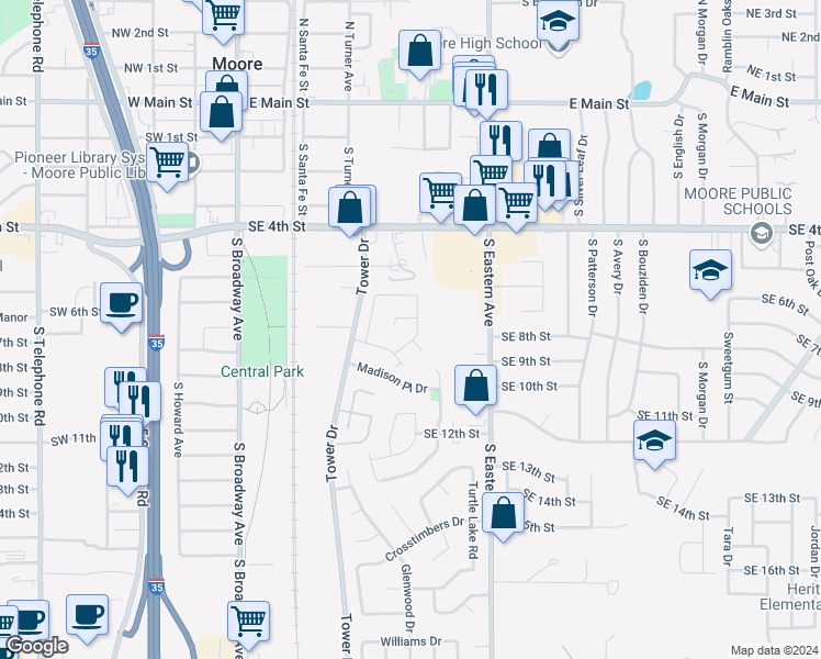 map of restaurants, bars, coffee shops, grocery stores, and more near 805 Blue Ridge Road in Moore