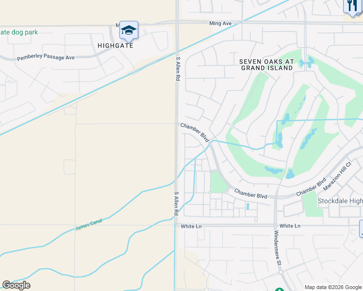 map of restaurants, bars, coffee shops, grocery stores, and more near 2615 Barrowby Street in Bakersfield
