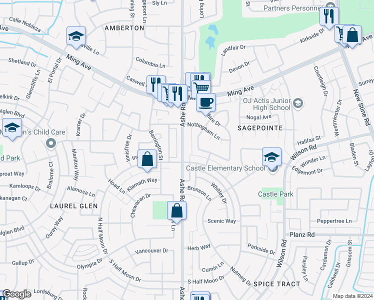 map of restaurants, bars, coffee shops, grocery stores, and more near 2608 Ashe Road in Bakersfield