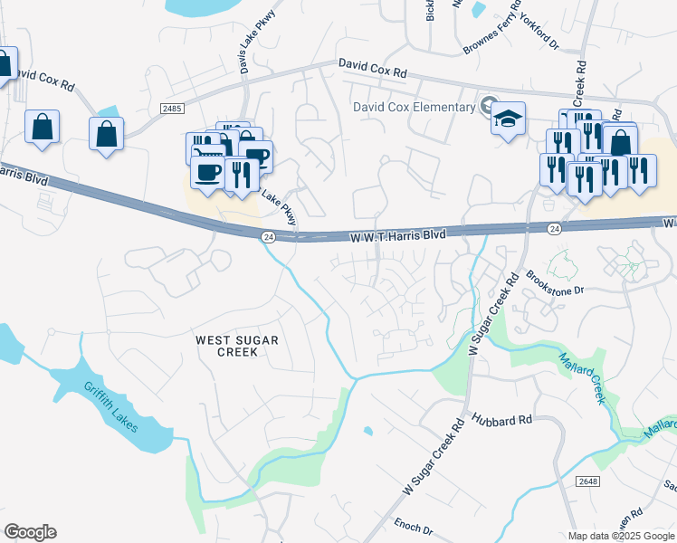 map of restaurants, bars, coffee shops, grocery stores, and more near 4585 Antelope Lane in Charlotte