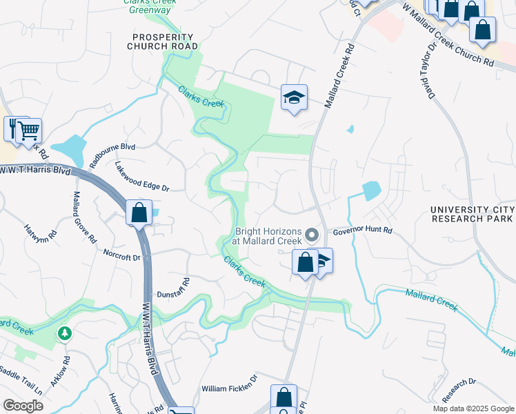 map of restaurants, bars, coffee shops, grocery stores, and more near 9423 Fairmead Drive in Charlotte