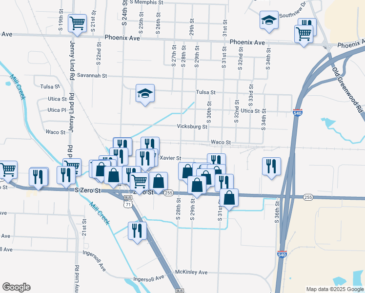 map of restaurants, bars, coffee shops, grocery stores, and more near 11 South 28th Street in Fort Smith