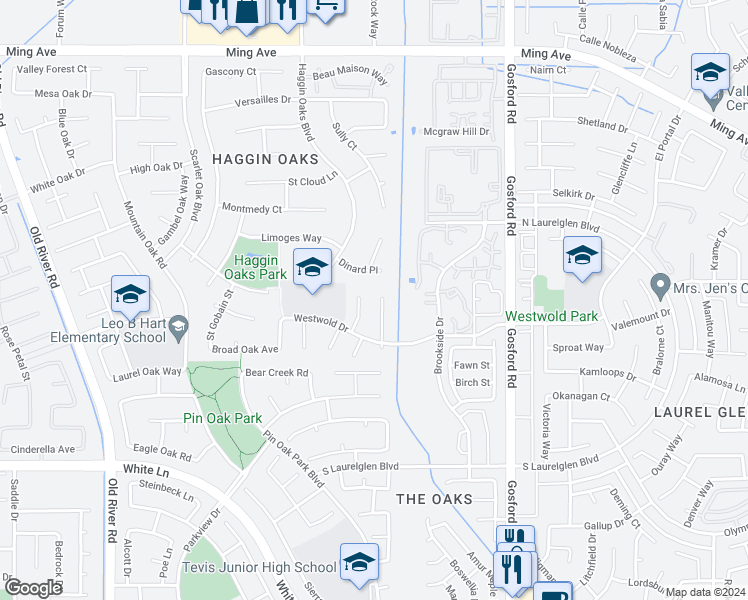 map of restaurants, bars, coffee shops, grocery stores, and more near 2509 Oak View Court in Bakersfield