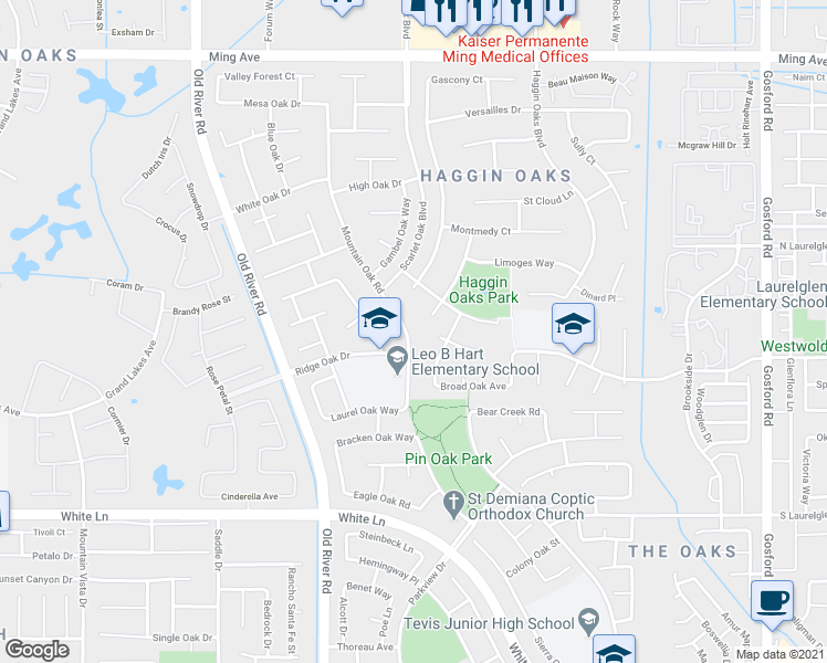 map of restaurants, bars, coffee shops, grocery stores, and more near 2628 Mountain Oak Road in Bakersfield