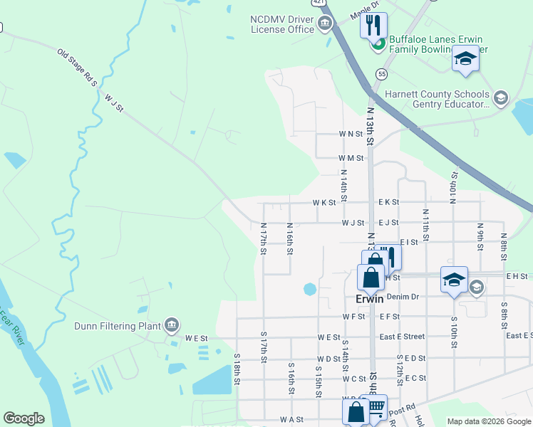 map of restaurants, bars, coffee shops, grocery stores, and more near 301 N 17th St in Erwin