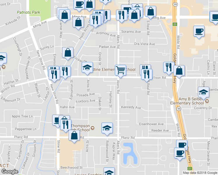 map of restaurants, bars, coffee shops, grocery stores, and more near 4001 Marilyn Place in Bakersfield