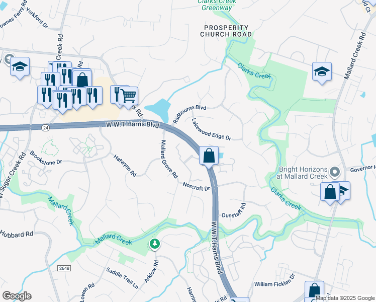 map of restaurants, bars, coffee shops, grocery stores, and more near 8215 Crescent Ridge Drive in Charlotte