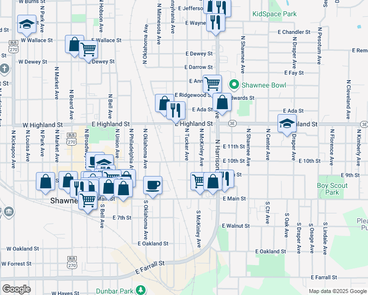 map of restaurants, bars, coffee shops, grocery stores, and more near 326 North Tucker Avenue in Shawnee