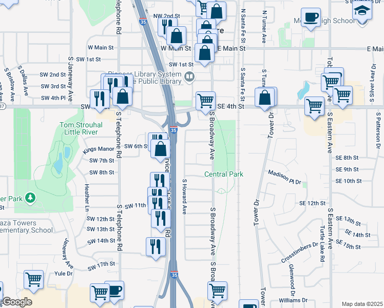 map of restaurants, bars, coffee shops, grocery stores, and more near 129 Southwest 7th Street in Moore