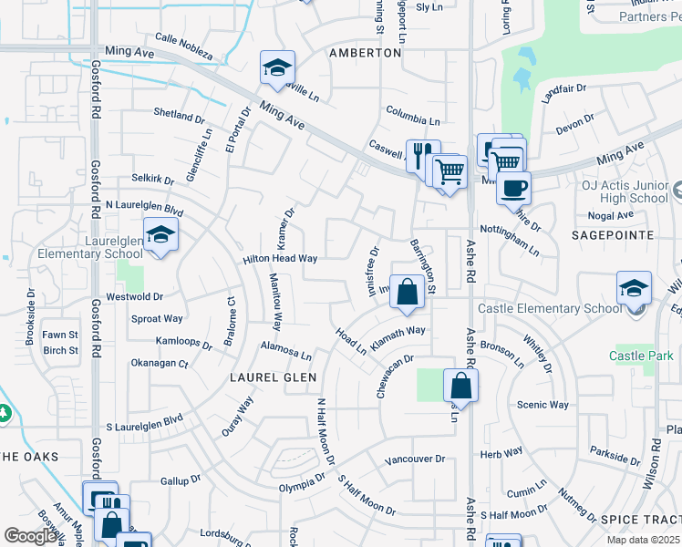 map of restaurants, bars, coffee shops, grocery stores, and more near 7003 Lacoste Lane in Bakersfield