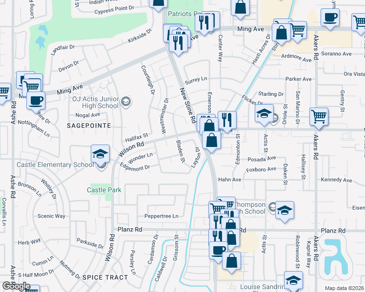 map of restaurants, bars, coffee shops, grocery stores, and more near 5212 Lowen Avenue in Bakersfield