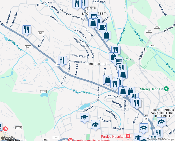 map of restaurants, bars, coffee shops, grocery stores, and more near 1529 Dawnview Drive in Hendersonville