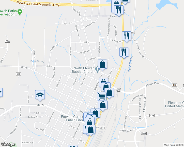 map of restaurants, bars, coffee shops, grocery stores, and more near 212 Pennsylvania Avenue in Etowah