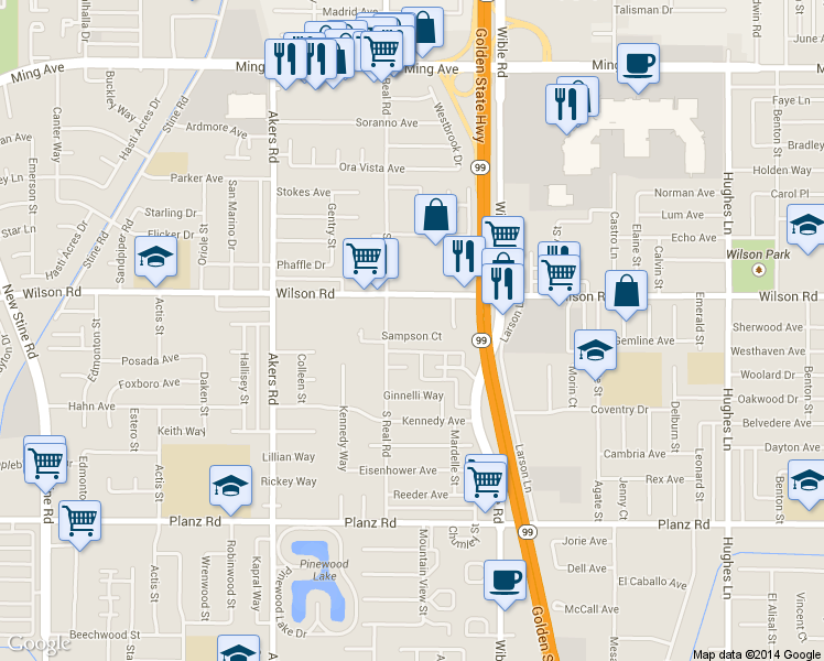 map of restaurants, bars, coffee shops, grocery stores, and more near 3612 Sampson Court in Bakersfield