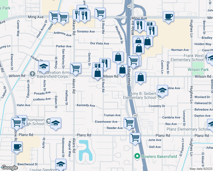 map of restaurants, bars, coffee shops, grocery stores, and more near 3612 Sampson Court in Bakersfield