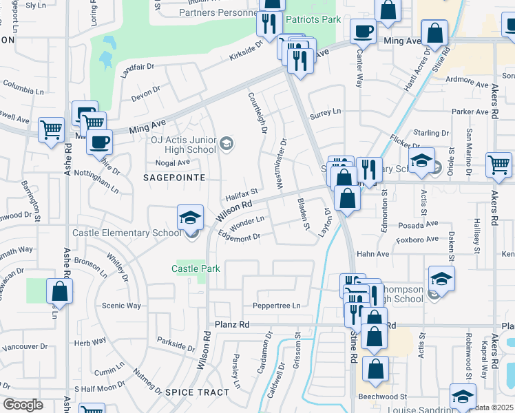 map of restaurants, bars, coffee shops, grocery stores, and more near 5507 Wilson Road in Bakersfield