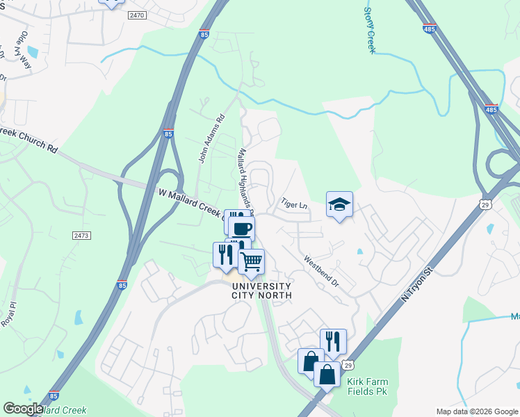map of restaurants, bars, coffee shops, grocery stores, and more near 2002 Laysan Teal Lane in Charlotte