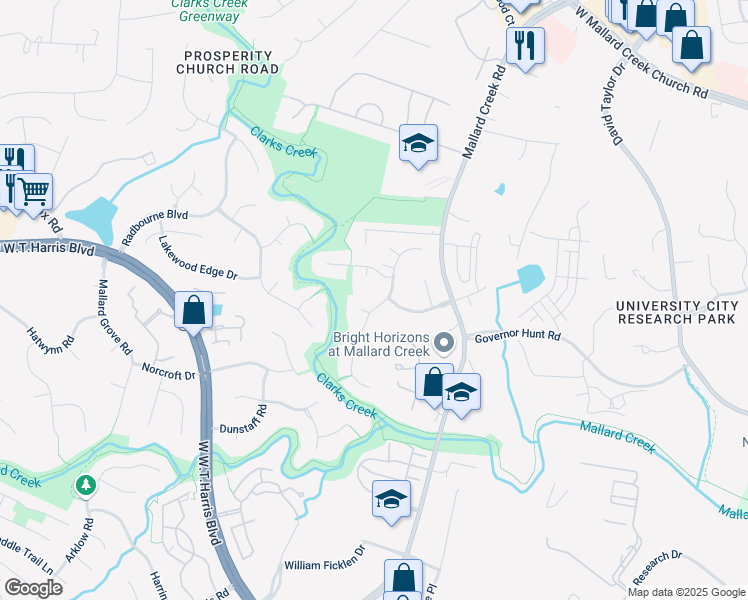 map of restaurants, bars, coffee shops, grocery stores, and more near 9423 Fairmead Drive in Charlotte