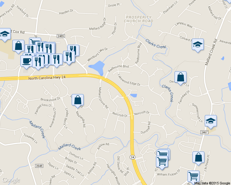 map of restaurants, bars, coffee shops, grocery stores, and more near 8215 Crescent Ridge Drive in Charlotte