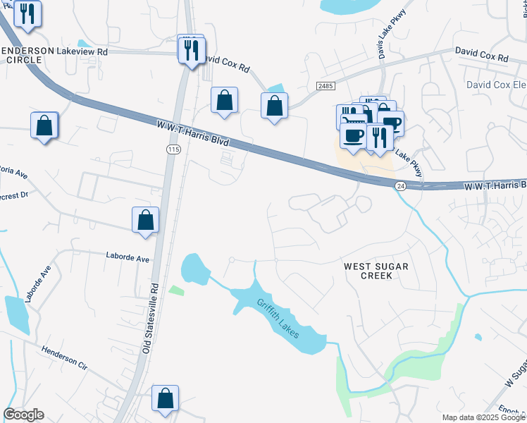 map of restaurants, bars, coffee shops, grocery stores, and more near 5114 Misty Oaks Drive in Charlotte