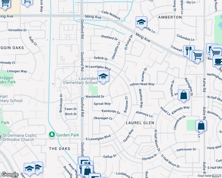 map of restaurants, bars, coffee shops, grocery stores, and more near 2600 El Portal Drive in Bakersfield