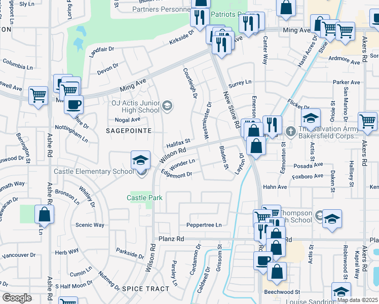 map of restaurants, bars, coffee shops, grocery stores, and more near 5507 Wilson Road in Bakersfield